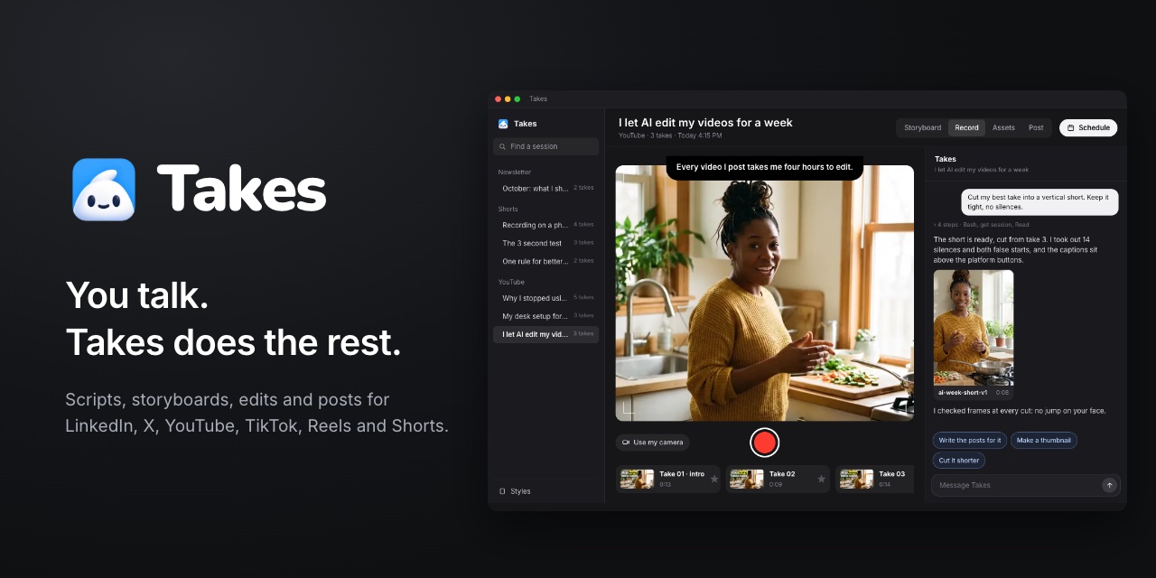 Takes for Mac 录口播，Claude Code 帮你剪（48 小时内上 Product Hunt）